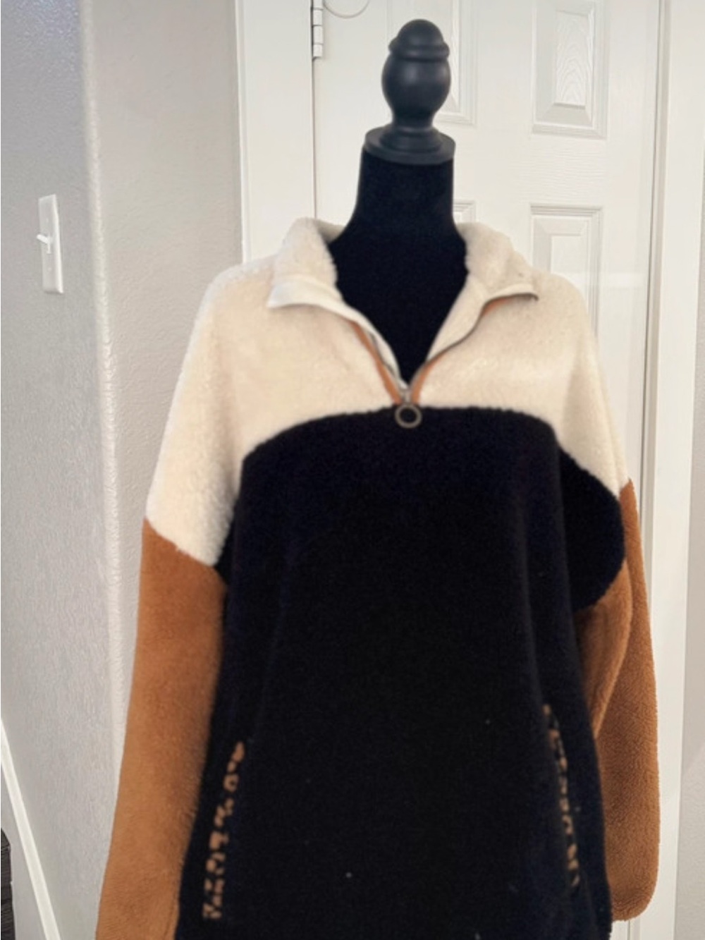 Cozy Colorblock Sherpa Quarter-Zip Sweater - Black, Cream & Brown
